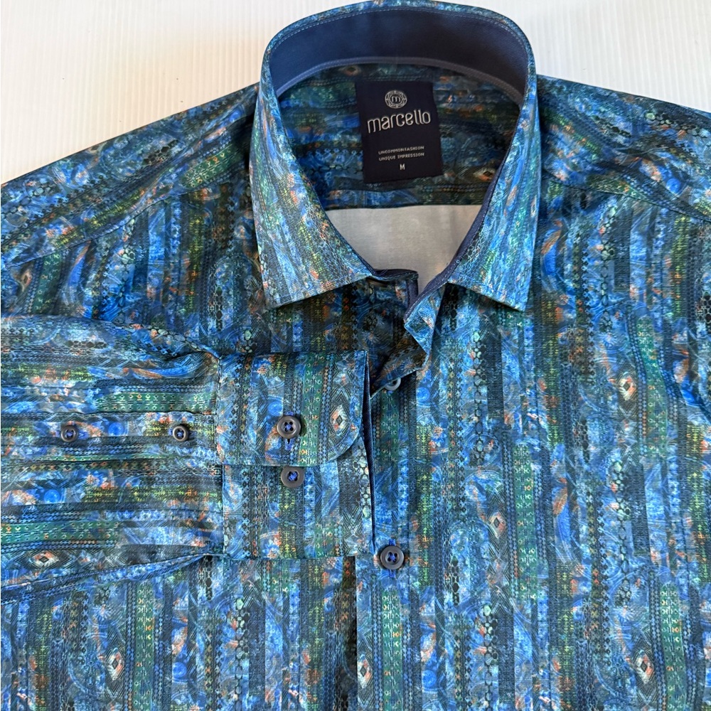 Marcello Shirt Mens M Geometric Pattern Button Up Long Sleeve Modern Disco